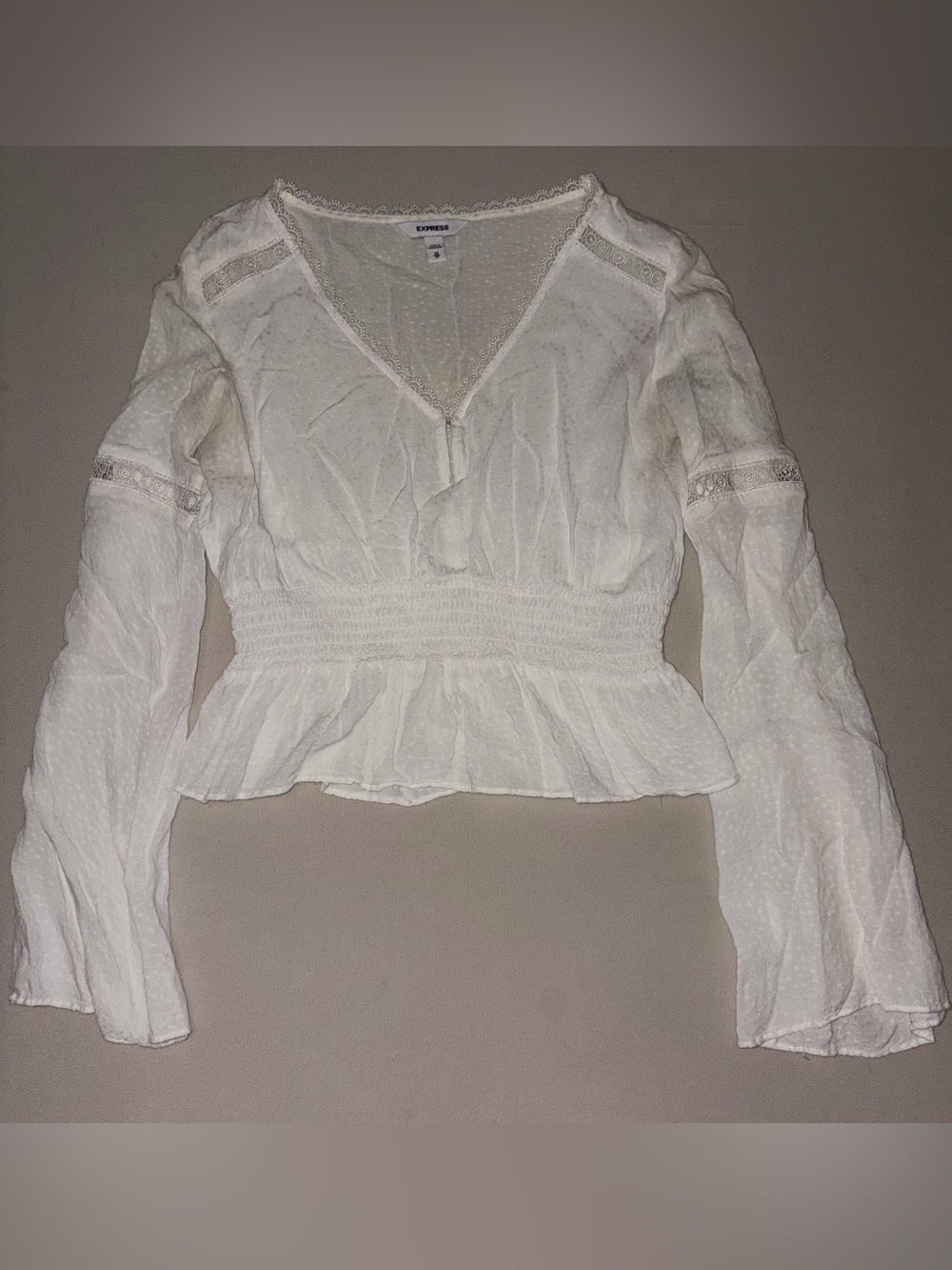Express Cream Swiss Dot V-Neck Peasant Blouse